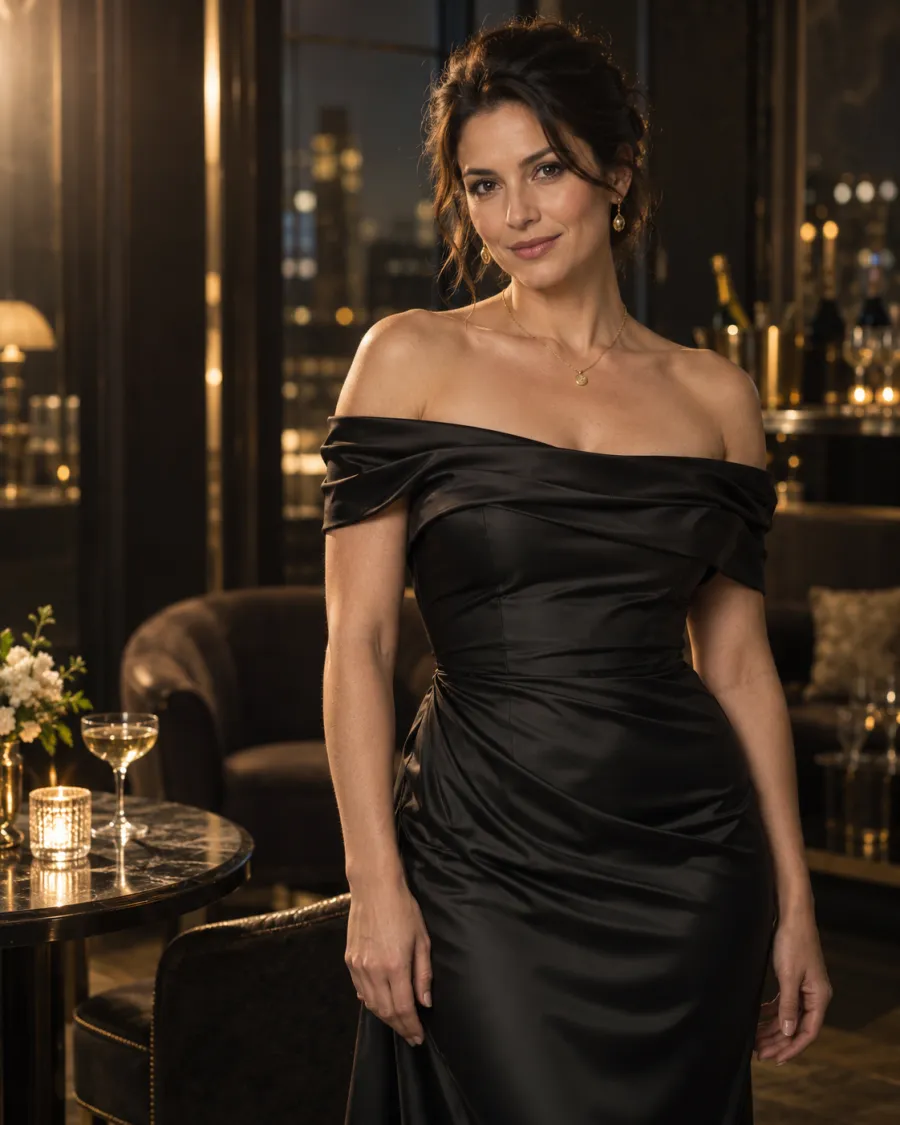 Frau im schwarzen Abendkleid in einer warm beleuchteten Lounge